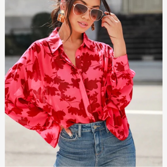 Lumiere Tops - Lumiere Red Floral Button Down Shirt